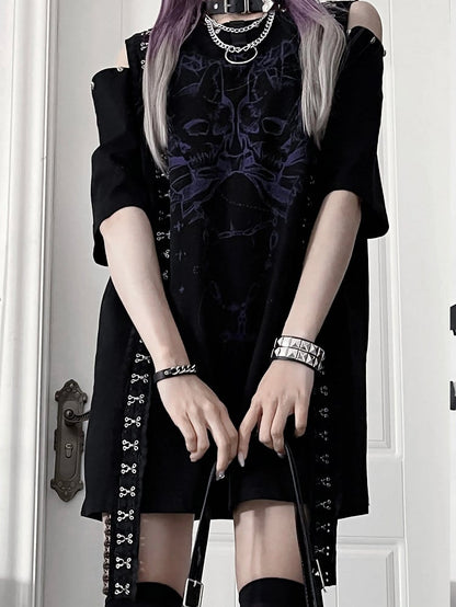 Cutout Punk T-shirt Shoulder Design Emo BlackPurple