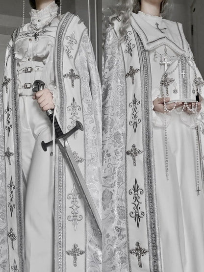 Embroidery Silver Cross Lolita Decorated Details Nun White and Cloak