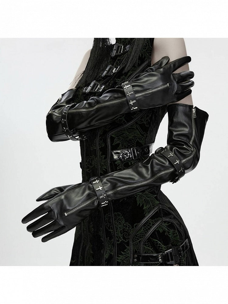Cross Studded Zipper Long Arm Goth Gloves in Black - Punk Rave