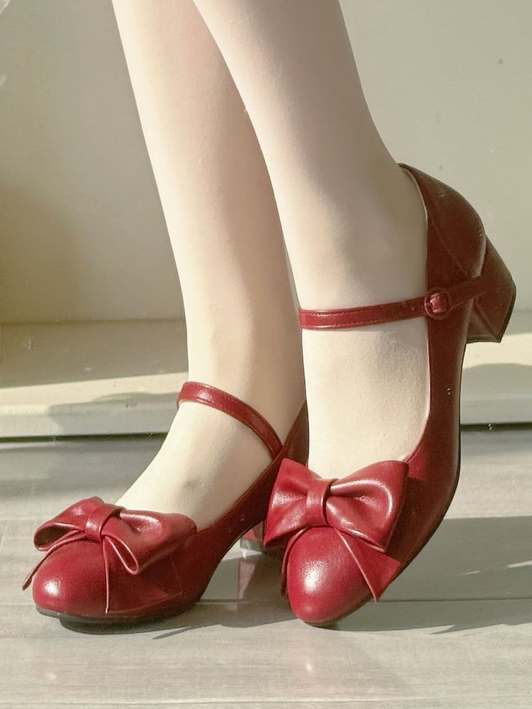 Elegant Wine Red Mid-heel Shoes for Lolita - PU Leather with Bow Details & Snap Design