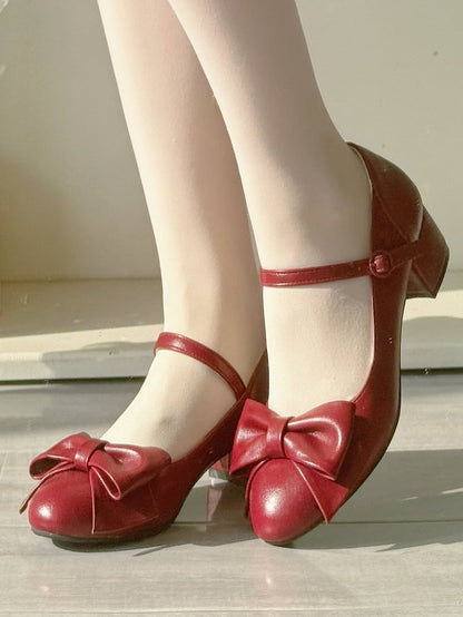Elegant Wine Red Mid-heel Shoes for Lolita - PU Leather with Bow Details & Snap Design