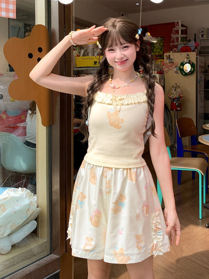 愛らしいクマ柄キャミソールトップス ネックライン ライトイエロー フリル