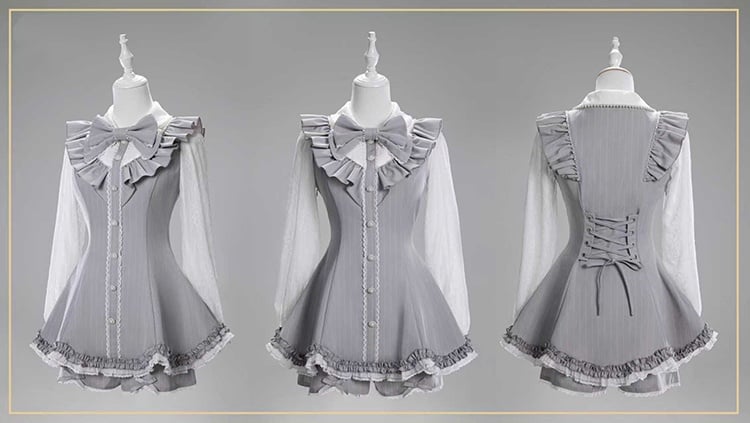 Bow Scalloped Brooch Outfit: with Edge Striped Detachable Shorts Elegant Jirai Gray Kei Top