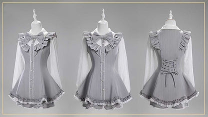 Bow Scalloped Brooch Outfit: with Edge Striped Detachable Shorts Elegant Jirai Gray Kei Top