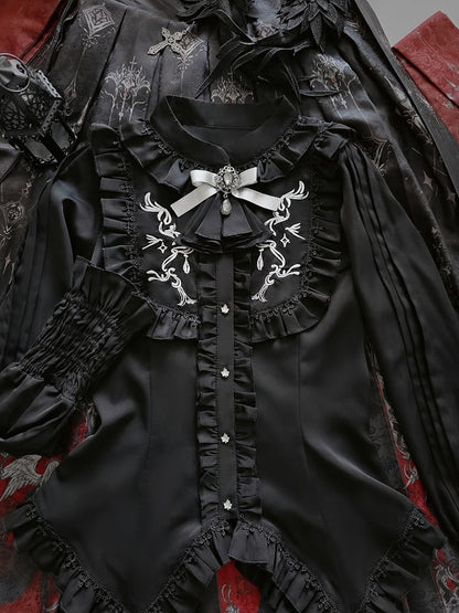 Ruffled Blouse Bow Embroidered with and Black Detachable Tie Details Gothic