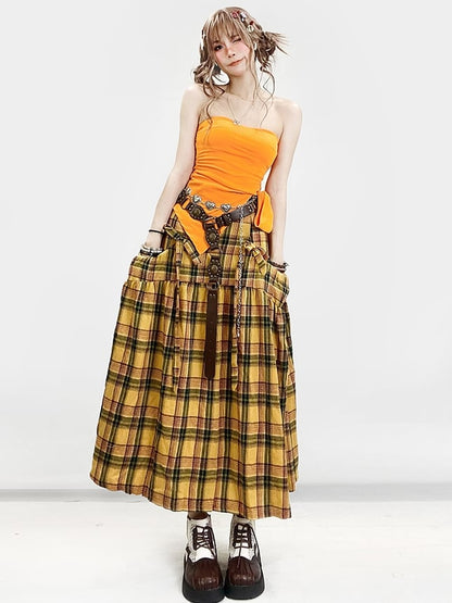Y2K Details Plaid Bowknot Skirt Pattern Yellow