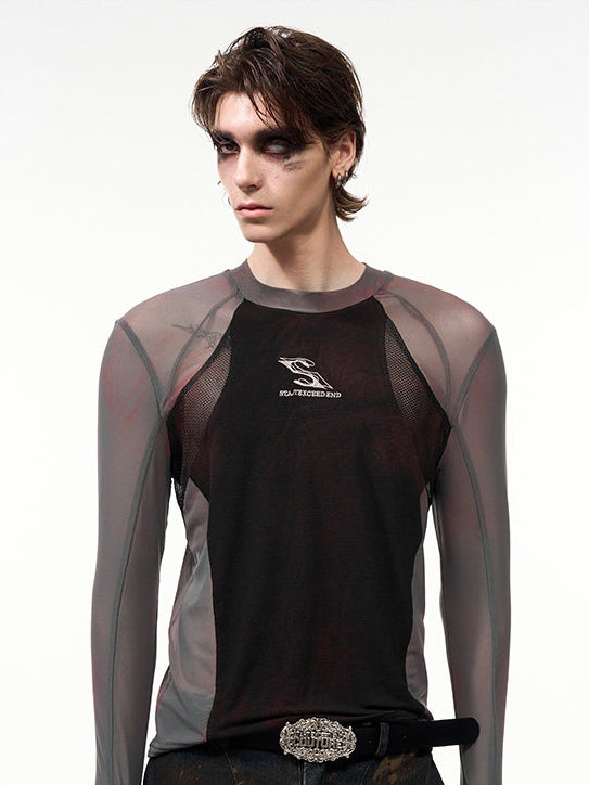 Haut coupe ajustée Panneau Manches Poignets avec trous pour les pouces Noir avec longues semi-transparentes