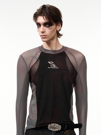 Haut coupe ajustée Panneau Manches Poignets avec trous pour les pouces Noir avec longues semi-transparentes