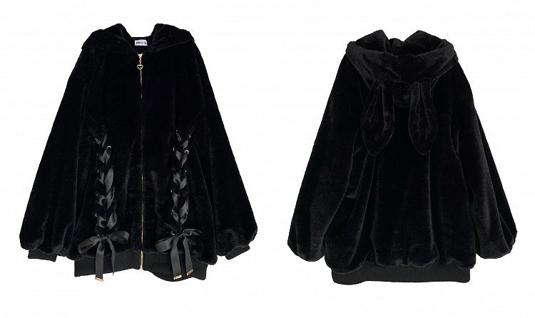 Style Lace-Up Plush Kei Hood Coat Coat: Front Bow Jirai Black with Full-Zip Bunny-Ear