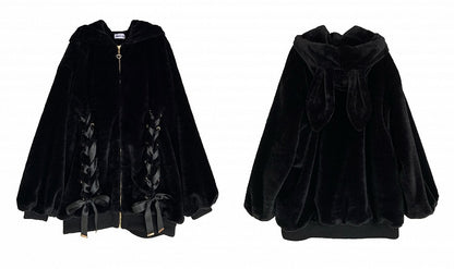 Style Lace-Up Plush Kei Hood Coat Coat: Front Bow Jirai Black with Full-Zip Bunny-Ear