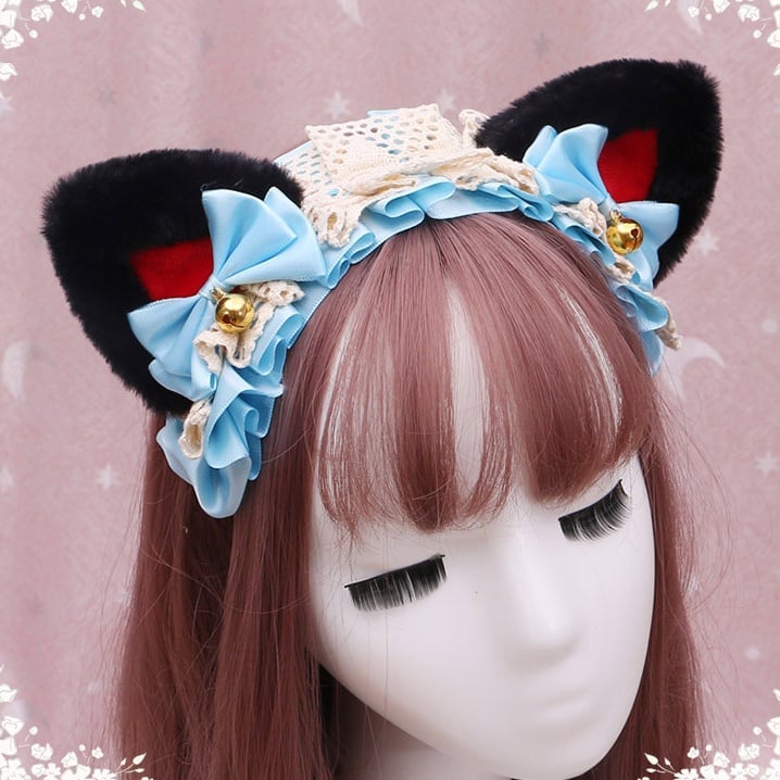 4 Clochette Kitty Lolita en peluche noire avec décorations colorées, dentelle mignonne et oreilles à nœuds rouges