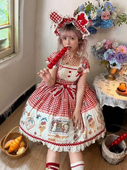 Süßes Lolita-Kleid mit rotem Teddy-Print, Dessert und Kirsch-Gingham