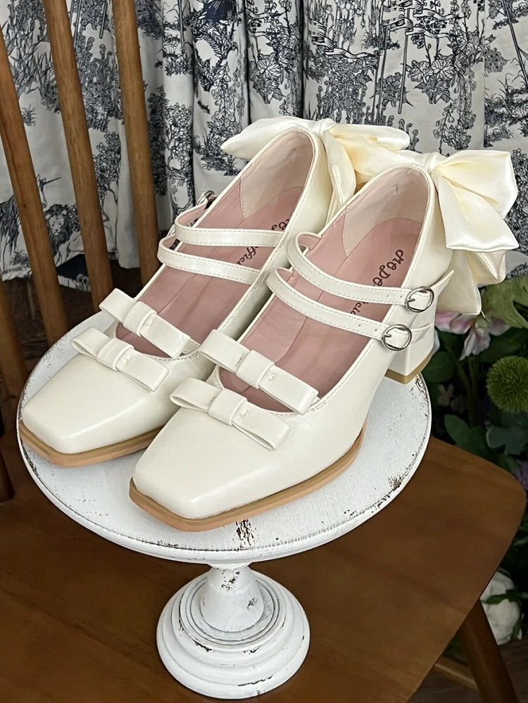 Shoes Bow White Toe Dual Accents Square Block - Elegant High Heel Buckles
