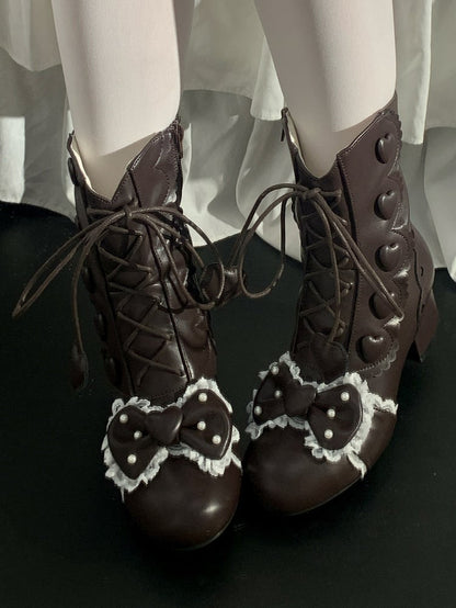 Heart Bow Hybrid Details Mid System in Block Closure Heel Boots Top Brown Beadwork Elegant Lolita PU with