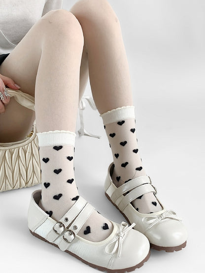 WhiteBlack/Purple Calf Heart Socks Ribbed Trim Embroidery