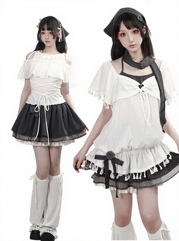 White Faux Two-Piece Flutter Sleeve Top with Tassels - PINK SAVIOR