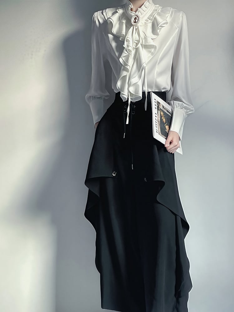 Outfit - Black Built-in Pants Jabot with + White Princecore Collar Design Blouse Corset Wide-leg