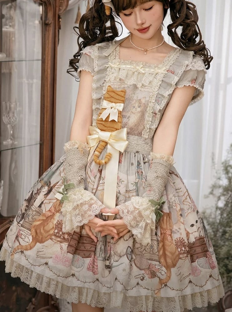 Beige/Green Lace Trimmed Sweet Lolita Wrist Cuffs with Bows and Beads - NyaNya