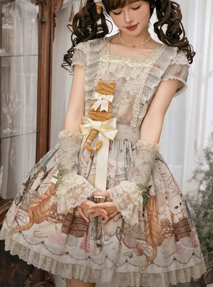Beige/Green Lace Trimmed Sweet Lolita Wrist Cuffs with Bows and Beads - NyaNya