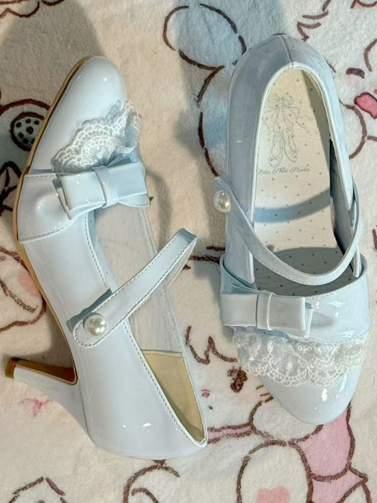 Lolita Style Sweet - with PU Lace Detachable Blue Heels Trim Leather