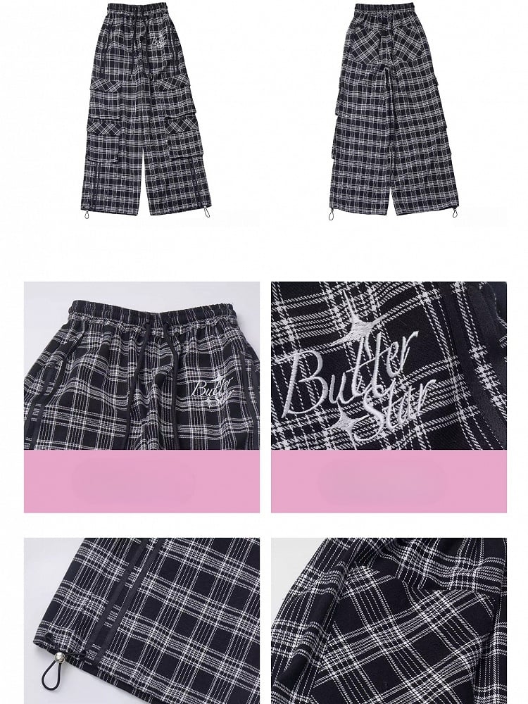 ブラック＆グレーの文字入りカーゴポケットデザインチェックパンツ