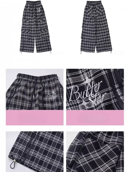ブラック＆グレーの文字入りカーゴポケットデザインチェックパンツ