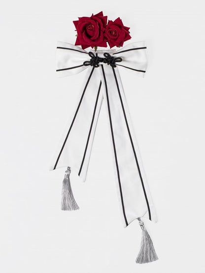 Red Brooch Bow White Asymmetrical Roses