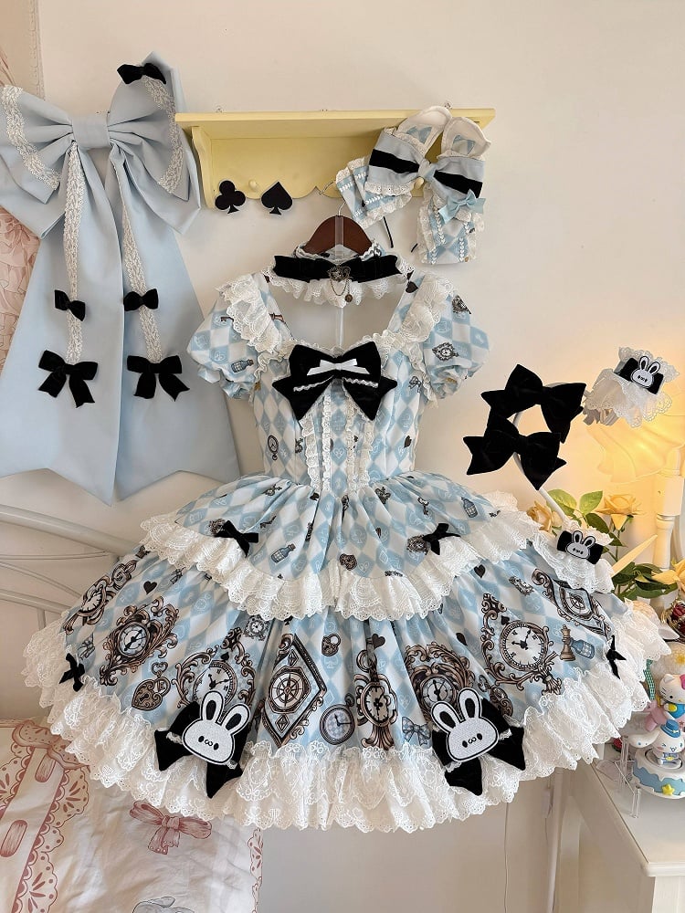 Blue White Diamond Sweet Lolita OP Dress with White Apron - Untitled Heartbeat