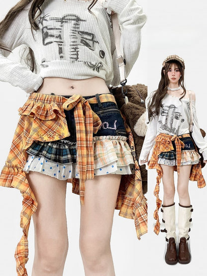 Plaid Y2K And + Pattern Orange Polka-dot Shorts Blue