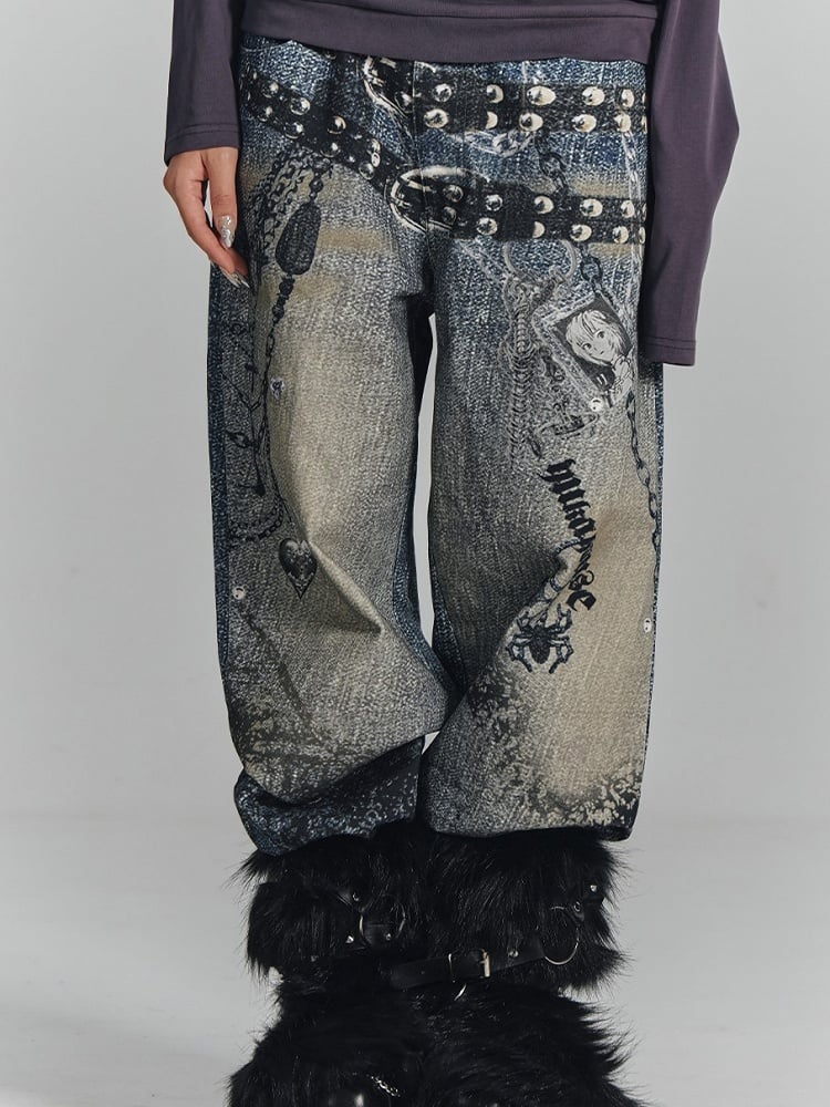 Wide-Leg Cuff Blue Belt Black + Charm Y2K Print Punk Cross Splatter with Jeans