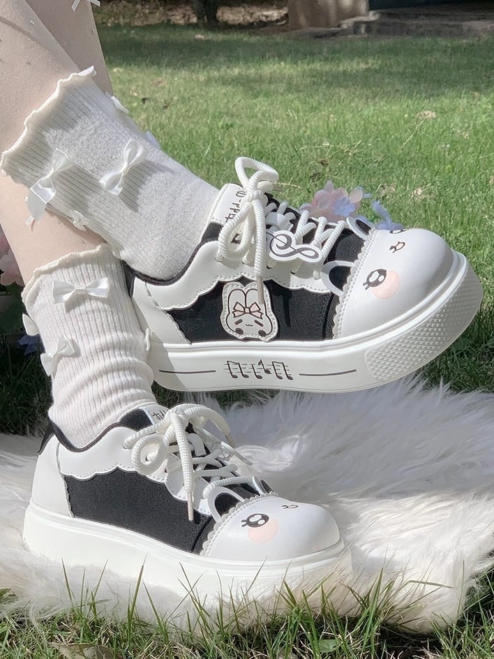 Music Note - Black Core Sneakers with Bunny Theme Details Otaku Platform Scalloped Trim