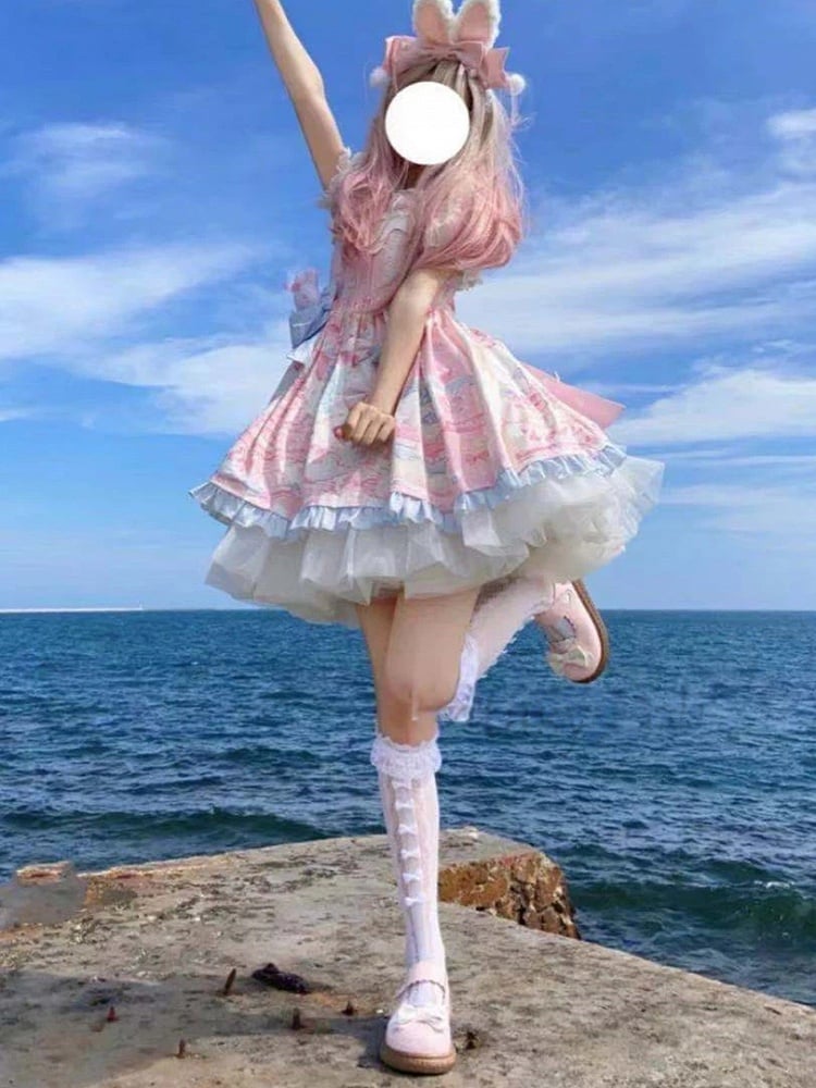 Lolita Detail Stockings (Color: White/Yellow) Bow Sweet Lace