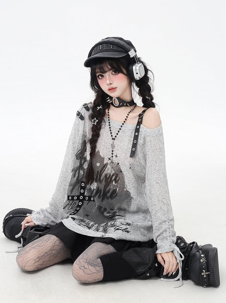 Gray/Black Asymmetrical Neckline Graffiti Print Star Light Buckles Coverup