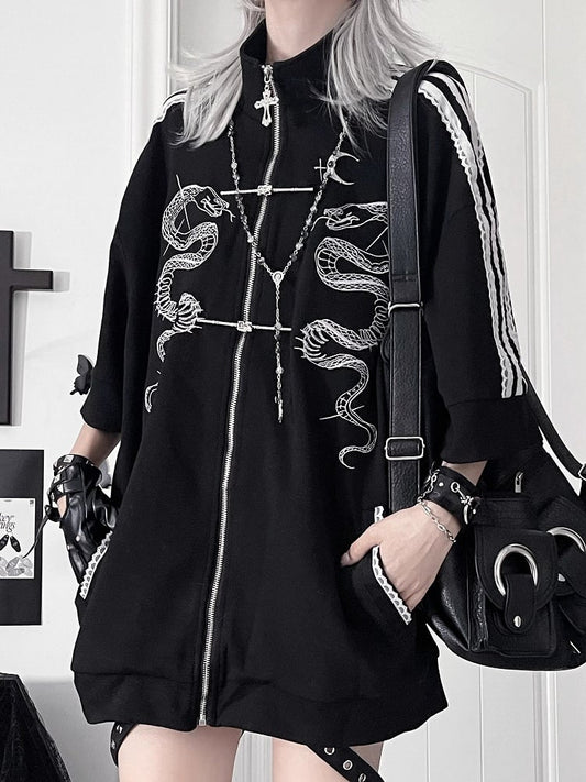 Sleeves Cheongsam EmbroideryStriped White Style Black Gothic Tracksuit Jacketwith Short Snake