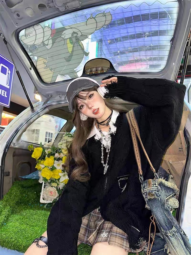 Cardigan Edgy Black Academiacore Zip-Up Knit