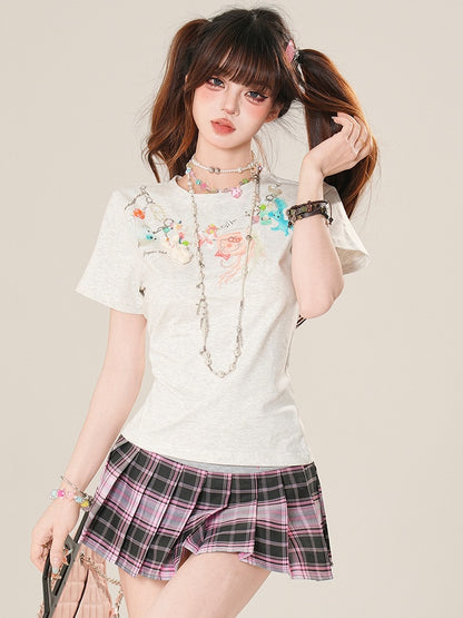Cartoon T-Shirt Print Glamorous Charm Kette Grau