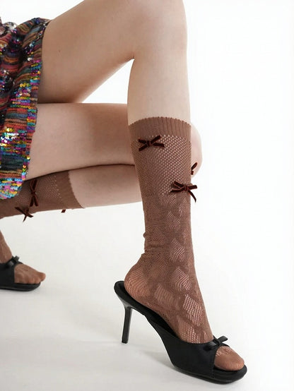 4-Color Ribbed Mesh Calf Socks with Bow Decoration - ModaSwings