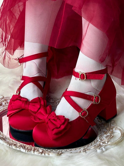 Round Toe Red Classic Lolita Ballet Mid Heels with Bow at Top & Crisscross Straps
