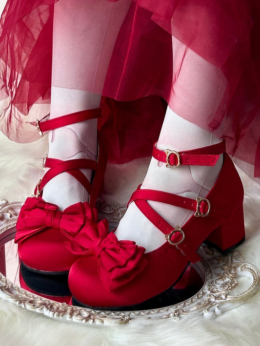 Round Toe Red Classic Lolita Ballet Mid Heels with Bow at Top & Crisscross Straps