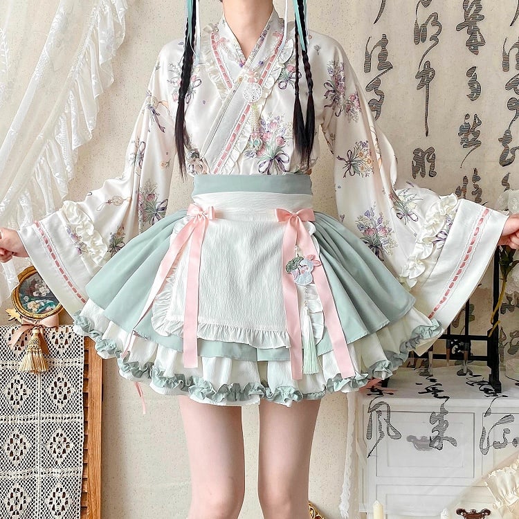 Medicine Skirt Herbal + Top Crossover Light Set Han Lolita Green Neckline