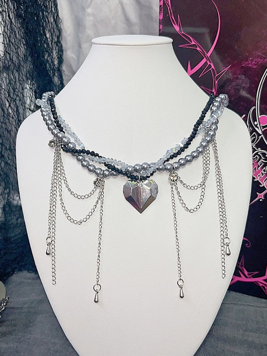 Perlen Anhänger Halskette Herz Schwarz Silber