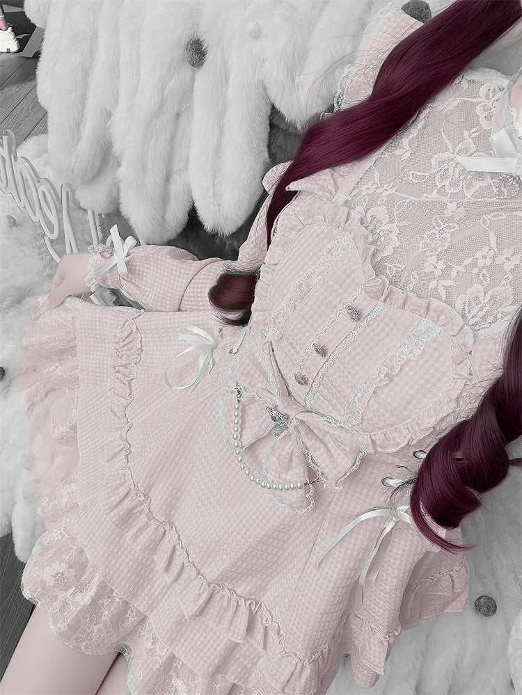 Pink Gingham Ryousangata Floral Lace Dress Set with Shorts, Bow Tie, Bead Chain & Hairclips - Jiuniang Cherry