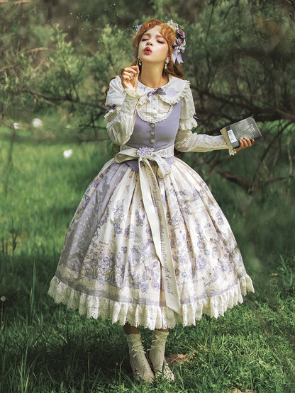 Polka Plus Dots Floral Skirt Sizes Available Print and Classic Lolita Purple