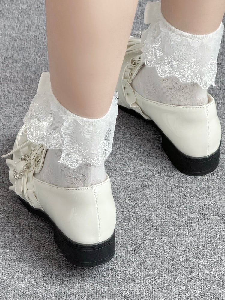 Leather Heels Rhinestone Bead PU Kei with Low Bow Jirai Polished White