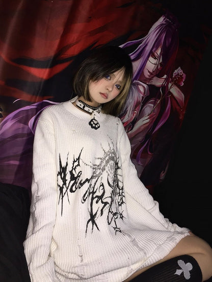 White Centipede Print Distressed Sweater - Alita26SS