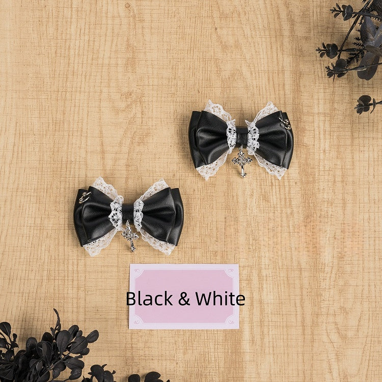 Charm with Cross Jirai / White Black Leather Lace Bow Hairclip Kei