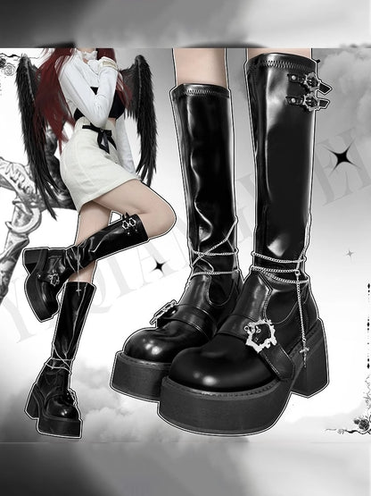 Knee-high Gothic Y2K Detachable Polished with Cross Chains in Black Boots Platform Buckles Coffin