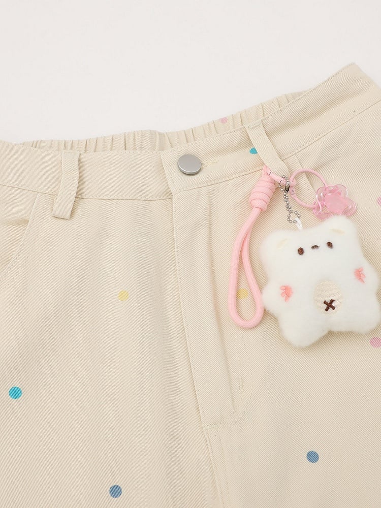 Apricot Polka Dot Cropped Wide Pants with Puppy Embroidery - Languid Park