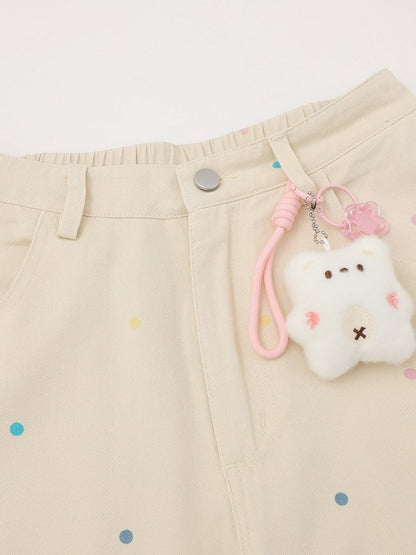 Apricot Polka Dot Cropped Wide Pants with Puppy Embroidery - Languid Park