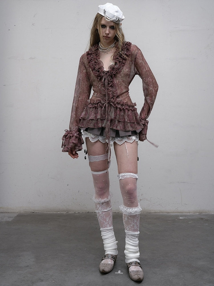 Pattern Ruffles Leopard Trim Sleeves Bell Shirt Purple